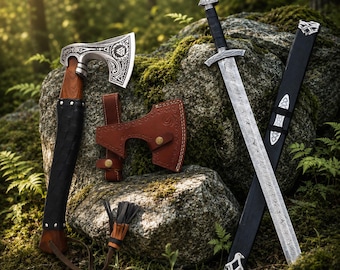 Hand Forged Damascus Steel Medieval Sword Viking Sword Fantasy Cosplay Wall Decor Nordic Art free Viking Axe