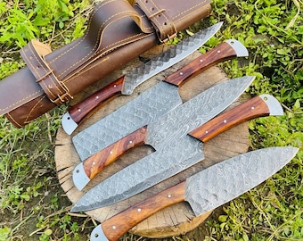 Hand Forged Damascus Chef Knife Set: Rosewood Handle, Leather Sheath