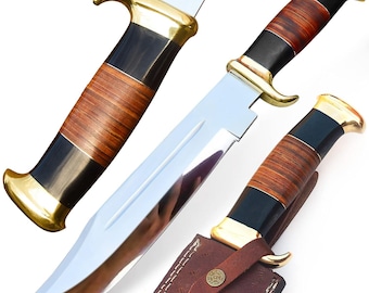 Handmade Damascus Steel Hunting Knife with Leather Sheath