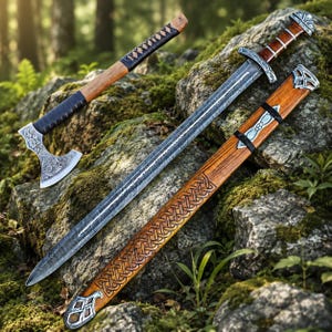 Hand-Forged Damascus Steel Viking Sword, Walnut Handle, Scabbard, Free Axe .Gift for him