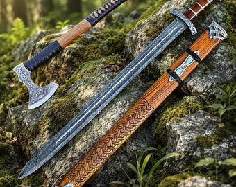 Hand-Forged Damascus Steel Viking Sword, Walnut Handle, Scabbard, Free Axe .Gift for him