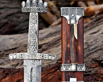 Handmade Damascus Steel Castle Keep Viking Sword – Norse Medieval Replica, Full Tang Arming Sword, European Collectible Display Sword Piece