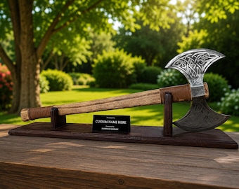 Hand Forged Carbon Steel Viking Axe with wooden named plate stand,Personalized Handmade Viking Bearded Axe Best Man Gift, Gift for Him