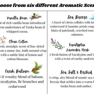 May include: A graphic showcasing six aromatic scents: Vanilla Bean, Clean Cotton, Fresh Balsam, Sea Breeze, Eucalyptus Lavender Herb, and Sea Salt & Orchid. Each scent is described with its key notes and illustrated with related imagery.