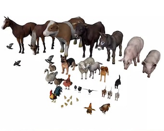 May include: A collection of various animal figurines including a horse, cow, donkey, pig, dog, cat, sheep, swan, rooster, hen, chicks, and several birds. The figures are rendered in realistic colors and poses, representing a diverse farm and domestic animal set.