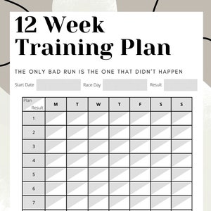 Pode incluir: Um plano de treinamento imprimível de 12 semanas em preto e branco com o texto "12 Week Training Plan" e "The only bad run is the one that didn't happen". O plano inclui colunas para "Start Date", "Race Day", "Result", "Plan", "M", "T", "W", "T", "F", "S", e "S".