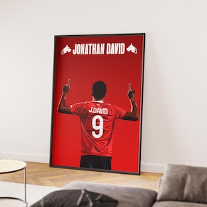 Puede incluir: Una camiseta de fútbol roja y blanca con el número 9 en la espalda. La camiseta tiene el nombre "J. DAVID" sobre el número. El texto "JONATHAN DAVID" está en la parte superior de la imagen.