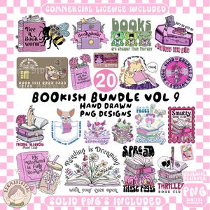 May include: A collection of 20 book-themed PNG designs, including illustrations of books, bees, cats, and phrases like "Bookaholic" and "Reading is Dreaming." The designs feature a variety of colors and styles, perfect for digital projects.