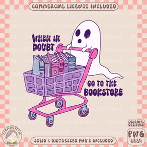 K&ouml;nnte beinhalten: Ein Cartoon-Geist schiebt einen rosafarbenen Einkaufswagen voller B&uuml;cher. Der Wagen hat lila Gitterseiten. Der Text "When in doubt, go to the bookstore" ist in einer Retro-Schrift geschrieben.