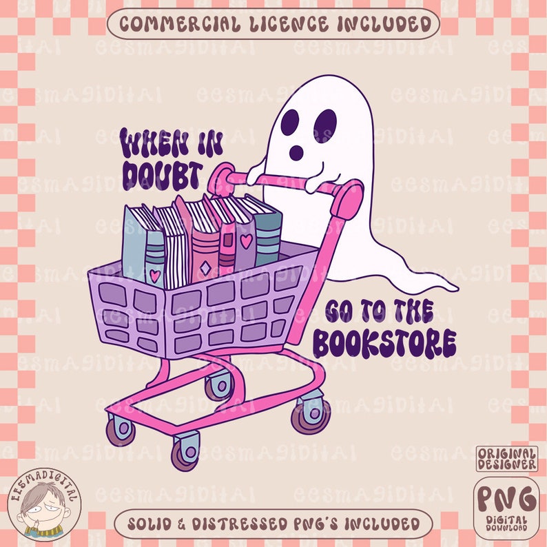 K&ouml;nnte beinhalten: Ein Cartoon-Geist schiebt einen rosafarbenen Einkaufswagen voller B&uuml;cher. Der Wagen hat lila Gitterseiten. Der Text "When in doubt, go to the bookstore" ist in einer Retro-Schrift geschrieben.