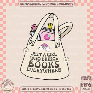 Juste une fille qui apporte des livres partout png, fichier PNG, joli design livresque tendance pour autocollants, chemises, signets, tasses, sacs fourre-tout, porte-clés