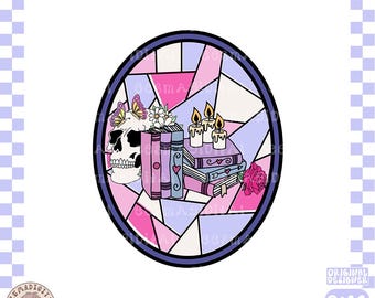 May include: A digital illustration featuring a skull with a butterfly crown, books, candles, and a rose, set within a stained-glass style oval. The color palette includes pink, purple, and white, with the text "COMMERCIAL LICENCE INCLUDED" and "SOLID PNG'S INCLUDED".