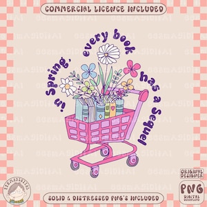 May include: A pink shopping trolley filled with colourful books and flowers. The text "Spring, every book has a sequel" is written around the trolley.