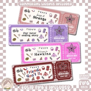 Puede incluir: Cuatro diseños de boletos coloridos con ilustraciones y texto. Los boletos presentan frases como "Keep it Strange" y "Friends don't lie". Cada boleto tiene una combinación de colores y elementos de diseño únicos.