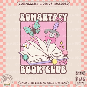 Romantasy Book Club PNG-fil, söt trendig boklig konstnärlig design för skjortor, klistermärken, bokmärken, koppar, tygväskor och mer, bokteckning png