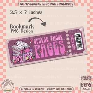 Könnte beinhalten: Ein pink- und lilafarbenes Lesezeichen-Design mit einem Stapel Bücher, Handschellen und Chilischoten. Der Text lautet "Spread Those Pages".