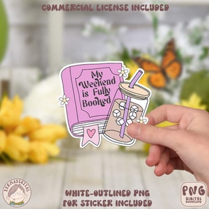 May include: A pink book with the text "My Weekend is Fully Booked" and a mason jar with a straw filled with ice cubes. The book and jar are outlined in white and have a white background.