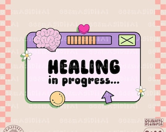 Puede incluir: Una ilustración digital de una pantalla de ordenador con el texto "HEALING in progress..." en un esquema de colores rosa y morado. La pantalla tiene una barra de progreso, un cerebro, un corazón, una cara sonriente y una flecha.