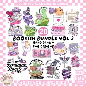 May include: A digital download bundle featuring 20 hand-drawn PNG designs with a bookish theme. Includes illustrations of books, reading characters, and phrases like "Book Club" and "Introverted". The designs are in pink and purple.