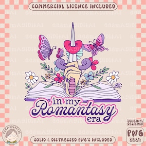 May include: Purple and pink graphic design with a book, a hand holding a knife with a heart on it, and butterflies. The text "in my Romantasy era" is written in a purple and pink font.
