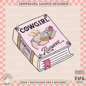 Puede incluir: Un libro rosa con el título "COWGIRL Romance" en letras negras. El libro tiene un marcapáginas de cinta rosa y un dibujo de un par de botas de vaquero y una rosa en la portada.
