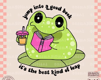 Jump into a good book frog png, Cute Bookish Frog With Iced Coffee & a book png Design for Bookmarks, Stickers, T-shirts, Tote bags, etc.