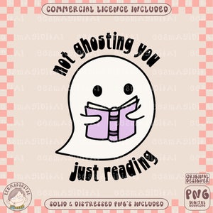 May include: A white ghost with a friendly face is reading a purple book. The ghost is saying "not ghosting you just reading".