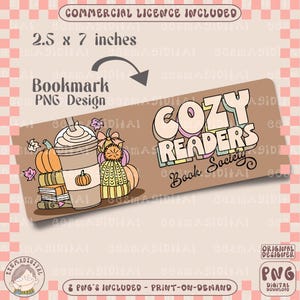 May include: A brown bookmark with the text "Cozy Readers Book Society" in colourful letters. The bookmark features a hand-drawn illustration of a cup of coffee, a stack of books, and autumn-themed decorations.