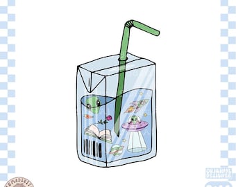 Sci-Fi reader juice box PNG, Cute Trendy Aesthetic Science Fiction Lover Escaping Reality Alien png for Sticker, Commercial Use