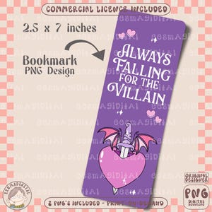 Always falling for the villain bookmark design, bookish PNG File, Cute Artsy Creative Bookish Printable Bookmark Design
