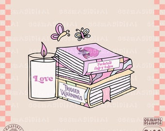 May include: A stack of three books with a pink and yellow cover. The top book has the title "Twisted fairy tales". The middle book has the title "Trigger Warnings". The bottom book has a pink and yellow cover with a floral design. A candle with the word "Love" on it is to the left of the books. Two pink butterflies are flying above the books.