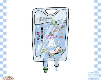Sci-Fi reader drip bag PNG, Cute Trendy Aesthetic Science Fiction Escaping Reality Alien png for Sticker, Bookmark, Commercial Use