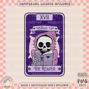 The reader tarot card PNG, Skeleton reader png, endless tbr png, Cute Bookish Bookworm Design for Reading Stickers, Shirts, Bookmarks, etc.