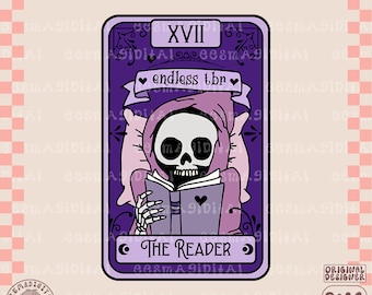 The reader tarot card PNG, Skeleton reader png, endless tbr png, Cute Bookish Bookworm Design for Reading Stickers, Shirts, Bookmarks, etc.
