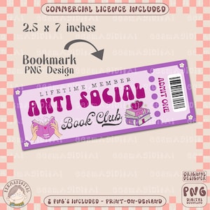 Anti Social Book Club Bookmark Png Design File, Cute Creative Bookish Printable Bookmark Design for Commercial Use