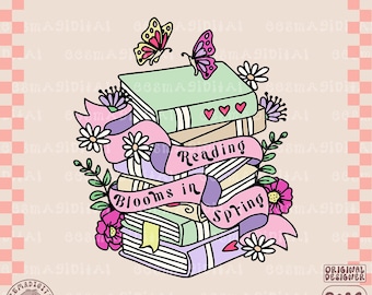 Leyendo flores en un archivo PNG de primavera, lindo y moderno diseño artístico librero para camisas, pegatinas, marcadores, llaveros de motel, bolsos de mano, etc.