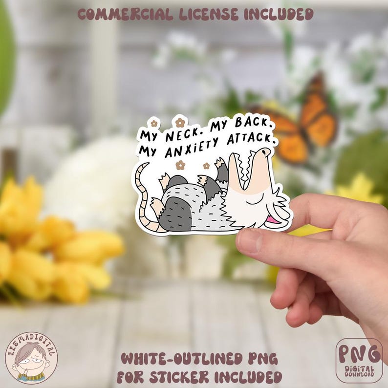 Puede incluir: Pegatina de contorno blanco con un opossum de dibujos animados con el texto "My neck. My back. My anxiety attack."