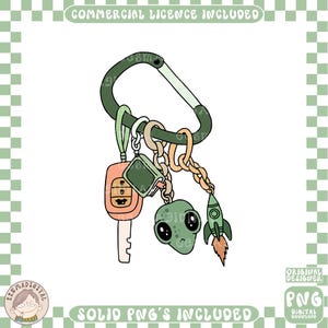 May include: A green carabiner clip with a collection of cartoon keychains. The keychains include a car key, a small book, an alien head, and a rocket ship. The image includes the text "COMMERCIAL LICENCE INCLUDED" and "SOLID PNG'S INCLUDED".