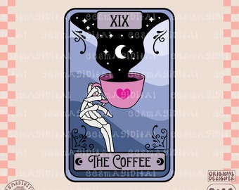 La carta del tarot del café PNG, lindo diseño de cartas de tarot artístico de moda para camisas, pegatinas, marcadores, llaveros, bolsas de mano, etc. - uso comercial