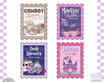 May include: Four postage stamp-style designs with the text "Cowboy Romance," "Monster Romance," "Dark Romance," and "Fantasy Book Club." Each design features illustrations of cowboy boots, a monster, a skull, and a castle, respectively. The designs are in various colors.