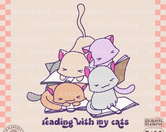 Reading with my cats PNG, Cute Trendy Bookish Cat Artsy Design for Shirts, Stickers, Bookmarks, Keychains, Tote Bags Etc. - reading cats png