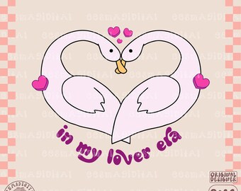 May include: Two pink cartoon swans with black outlines are facing each other, forming a heart shape. They have pink hearts around them and the text "in my lover era" is written below them in purple.