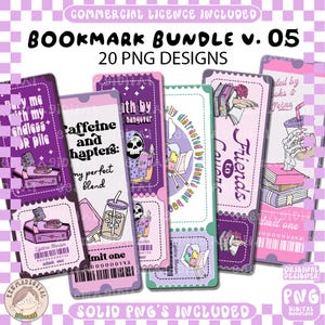 Könnte beinhalten: Eine Sammlung farbenfroher Lesezeichen mit verschiedenen Designs und Texten. Die Lesezeichen zeigen Illustrationen von Büchern, Kaffee und Skeletten. Der Text enthält "Bookmark Bundle V. 05" und "20 PNG Designs."