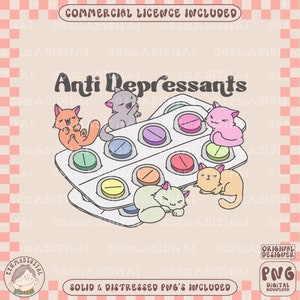 Antidepressivos para gatos PNG, impulsionador de serotonina png, assuntos de saúde mental, design de sublimação, design png para camisetas, adesivos, etc.