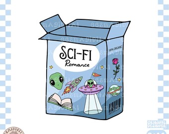 Sci-Fi Romance snack box PNG, Cute Trendy Aesthetic Science Fiction Escaping Reality Alien Ufo Bookish png for Sticker, Bookmark, Commercial