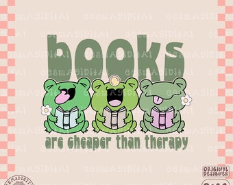 Boeken zijn goedkoper dan therapie PNG-bestand, Cute froggie lezen Trendy Bookish gezegden Kunstzinnig ontwerp voor shirts, stickers, bladwijzers, Motel Key