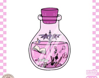 Poción para lector de romance PNG, diseño PNG de poción literaria, linda, moderna y estética romántica para amantes del romance, ideal para stickers, marcadores y uso comercial.
