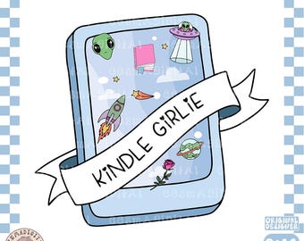 Sci-Fi romance kindle girlie PNG, Cute Trendy Aesthetic Science Fiction Lover Escaping Reality Alien png for Sticker, Commercial Use
