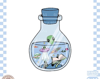 Sci-Fi reader potion PNG, Cute Trendy Aesthetic Science Fiction Escaping Reality Alien png for Sticker, Bookmark, Commercial Use