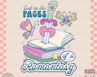 May include: A digital illustration of a stack of books with a pink sword sticking out of the top book. The sword has a heart at the top and a butterfly on the handle. The books are decorated with flowers and a butterfly. The text "Lost in the Pages of a Romantasy" is written in a whimsical font.